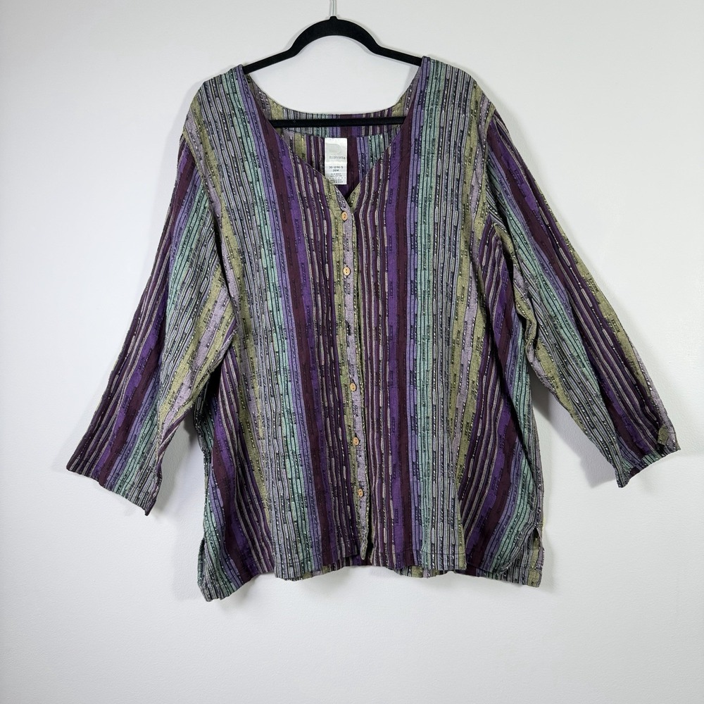 Roaman's Textured Cotton Stripe Tunic Top Purple Green Boho India 26W XXL 2XL